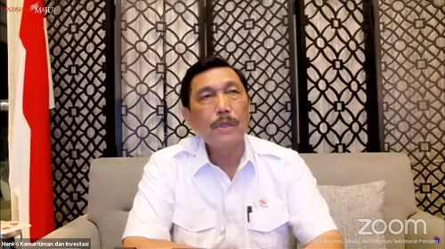 Menko Marves Luhut Binsar Pandjaitan dalam Keterangan Pers mengenai Perkembangan PPKM Terkini, Senin (13/09/2021) malam, secara virtual. (Sumber: Tangkapan Layar YouTube Kemenko Marves)